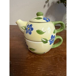 Vintage Tea For One Stacking Teapot & Cup Set Blue Flower Hand Painted Ceramic